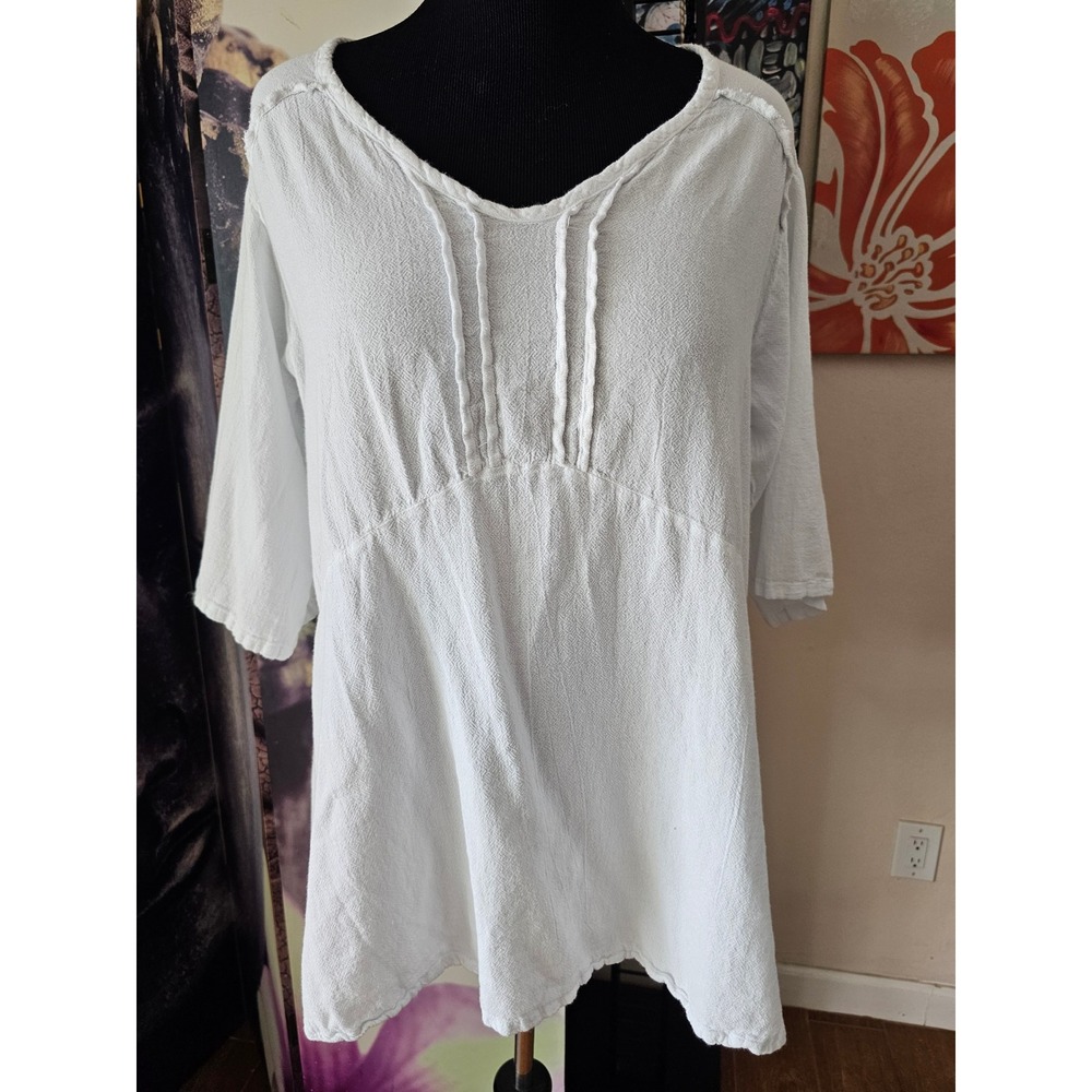Oh My Gauze White Cotton V-Neck Pintuck Pleated Tunic Top Size 1
